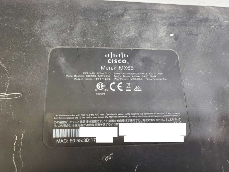 Cisco Meraki MX65-HW Cloud Managed Security Appliance Unclaimed )