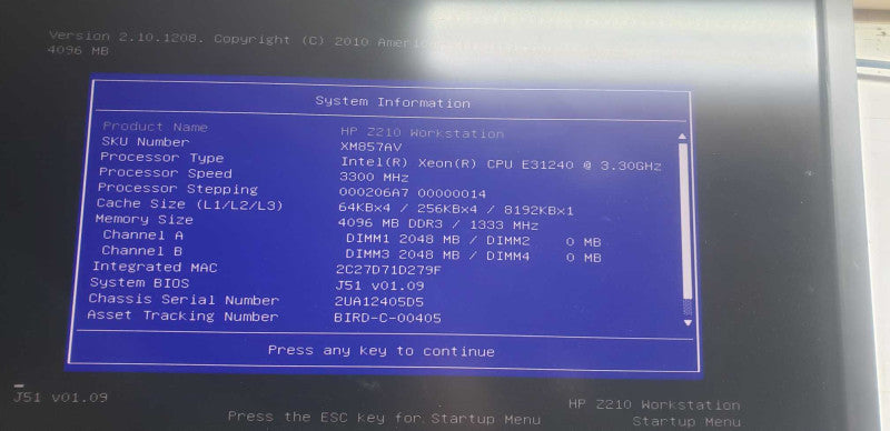 HP Z210 workstation Xeon E3-1240 @ 3.30ghz / 4gb ram / Quadro 600 GPU #