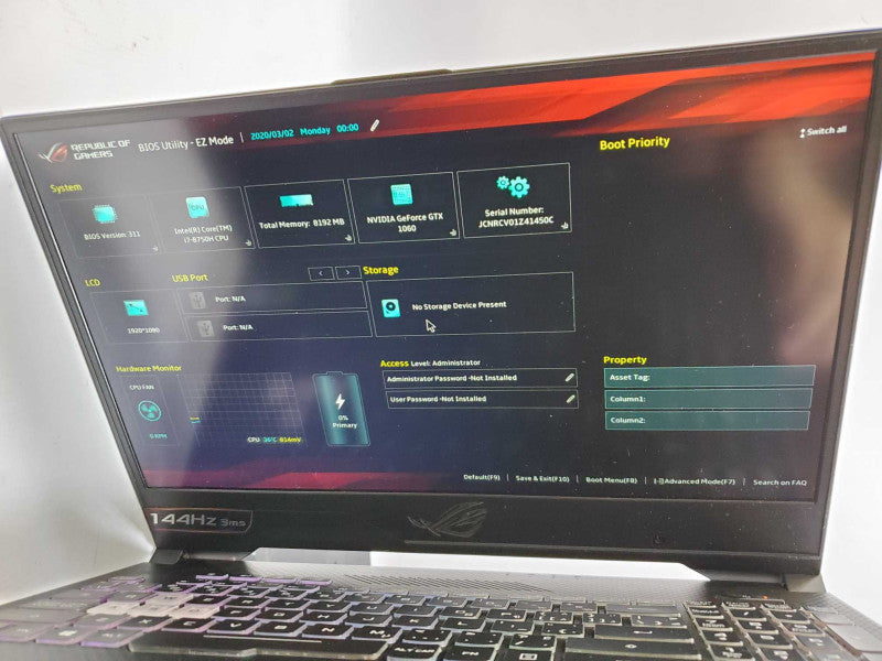 ASUS GL504G with i7- 8750H CPU 8 GB RAM NO HDD/SSD -