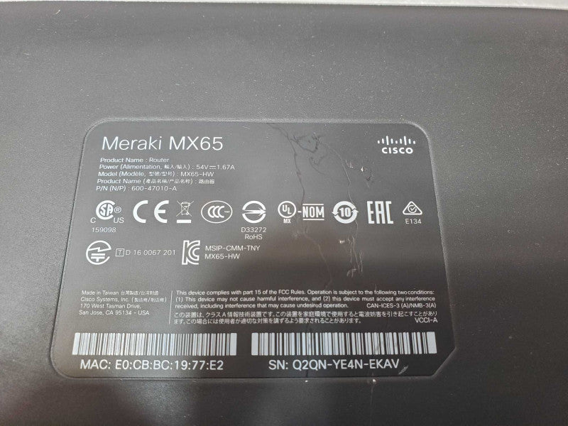 CISCO MERAKI MX65-HW SECURITY APPLIANCE UNCLAIMED _