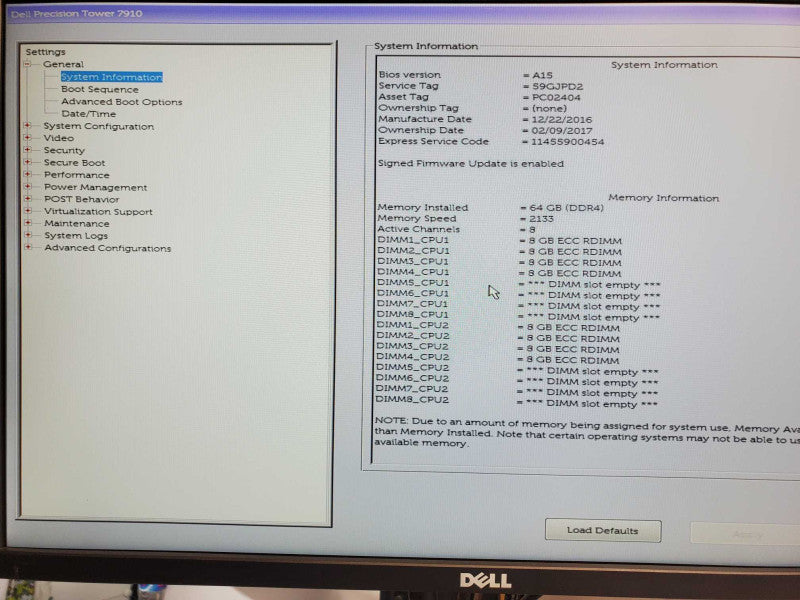 Dell Precision T7910, 2Xeon E5-2620v4 2.1GHz, 64GB DDR4, 512GB SSD, No GPU _