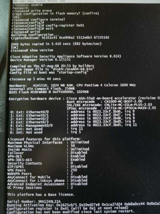Cisco ASA5510 Adaptive security Appliance Security Base license ~