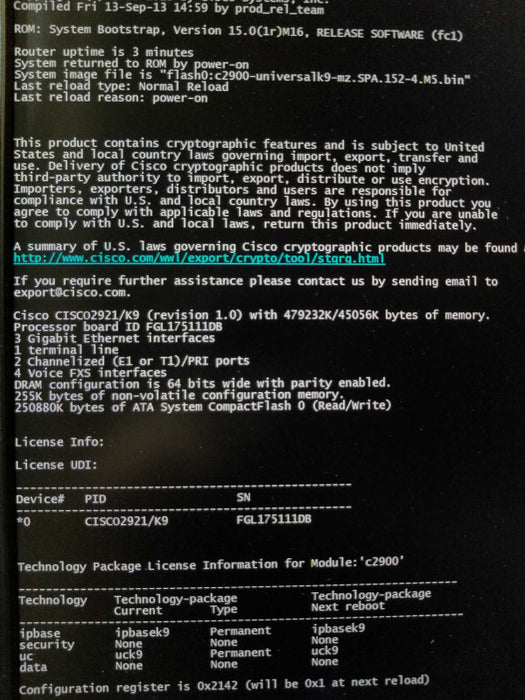 Cisco 2900 Series Integrated Services Router CISCO2921/K9 ~