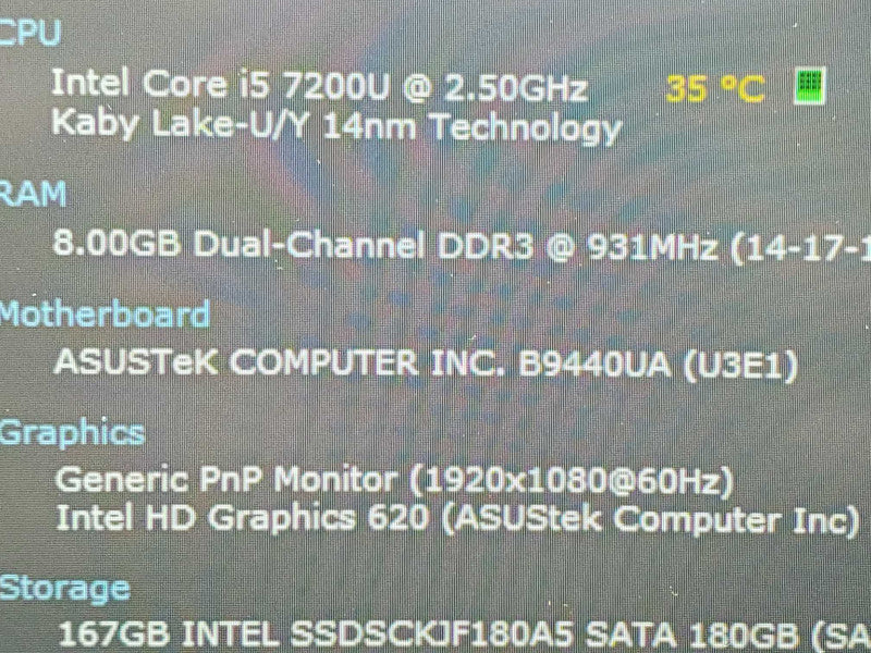 ASUS B9440U 13\\" Laptop, i5-7200U 2.5GHz 8GB DDR3 180GB SSD |