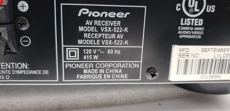 Pioneer AV Receiver VSX-522-K 5.1-Channel 3D Ready A/V Receiver/ Amp #