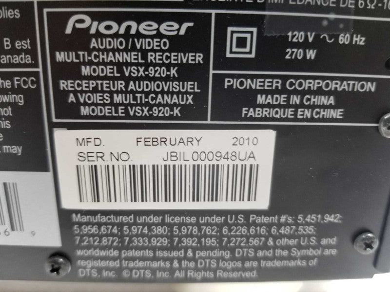 Pioneer VSX 920 -k 7.1 Audio/Video Multi-channel Receiver Amplifier ~