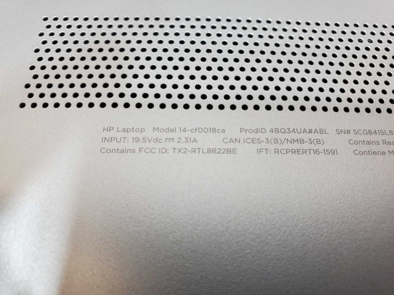 HP 14-cfOO18ca, Core I5-8250U 1.6GHz, 8GB DDR4, 128GB SSD, No AC Adapter _