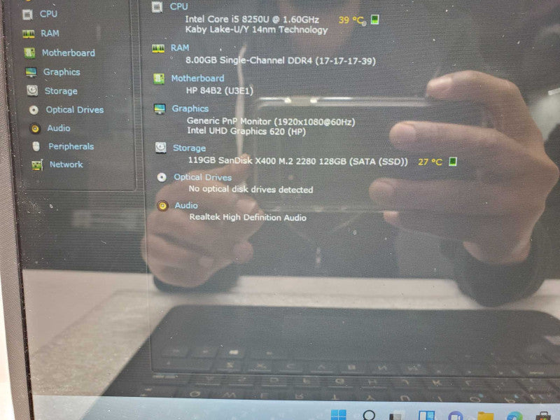 HP 14-cfOO18ca, Core I5-8250U 1.6GHz, 8GB DDR4, 128GB SSD, No AC Adapter _