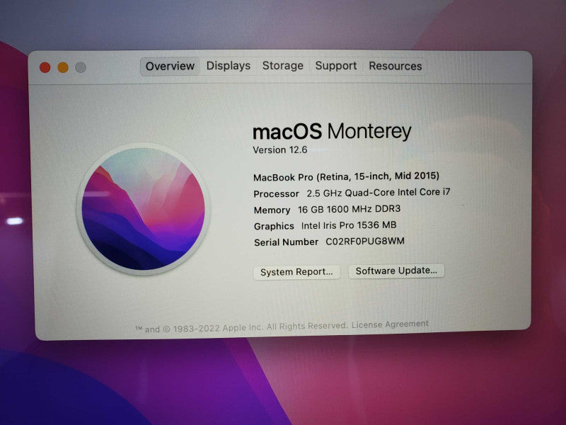 MacBook Pro 2015 15\\" Retina i7-4870HQ@ 2.5 GHz 16GB Ram 500GB SSD R9 M370X 2GB (
