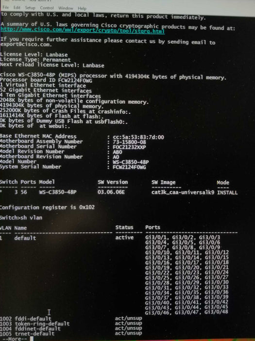 Cisco WS-C3850-48F-L 48 Port PoE+ Gigabit Ethernet Switch, FACTORY RESET ~