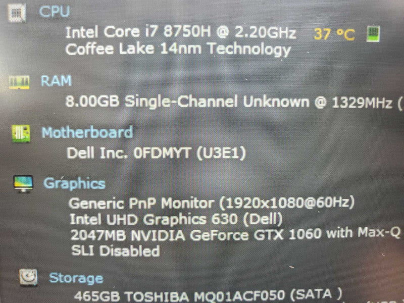 Dell G7 7588, i7-8750H 2.2GHz 8GB DDR4 500GB HDD |