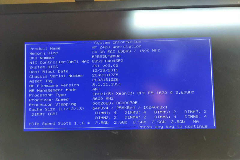 HP Z420 Workstation Xeon E5-1620 @ 3.60 ghz / 24gb ram / quadro FX 1800 #