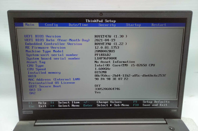 Lenovo Thinkpad E590 i5-8265U @ 1.60ghz / 8gb ram / see notes #