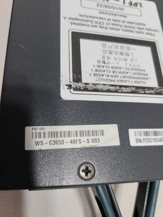 Cisco WS-C3650-48FS-S 3650 Catalyst 48 Ethernet Poe+ Ports Layer 3 Switch |