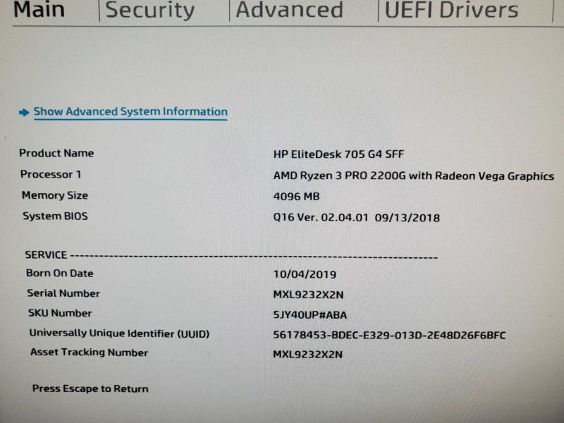 HP EliteDesk 705 G4 Ryzen Pro 3 2200G 8GB DDR4 No HDD |