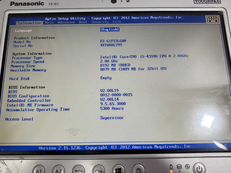 Panasonic Toughpad FZ-G1, i5-4310U 2.0GHz 8GB DDR3 No HDD |