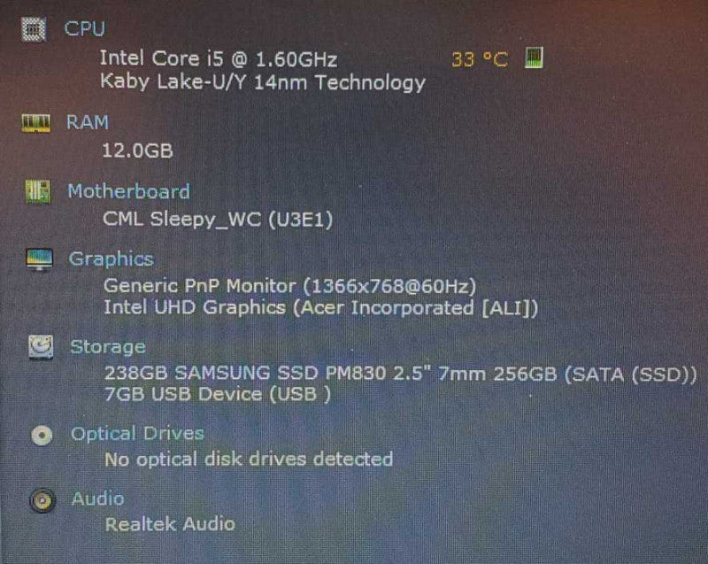 Acer Aspire 3 Core i5-10210U @ 1.6 GHz 12GB DDR4 250GB SSD (