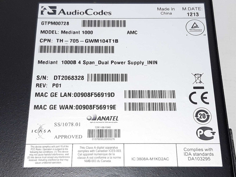 AudioCodes Mediant 1000B 4 Span_Dual Power Supply_INNI +