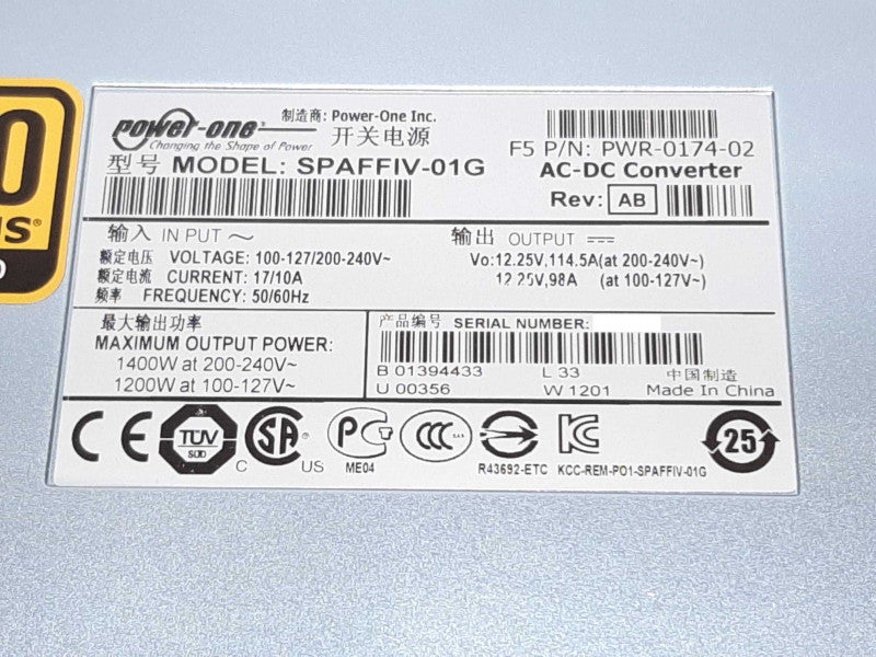 F5 NETWORKS 1400W/1200W VIPRION C2400 AC PSU PWR-0174-02 SPAFFIV-01G +