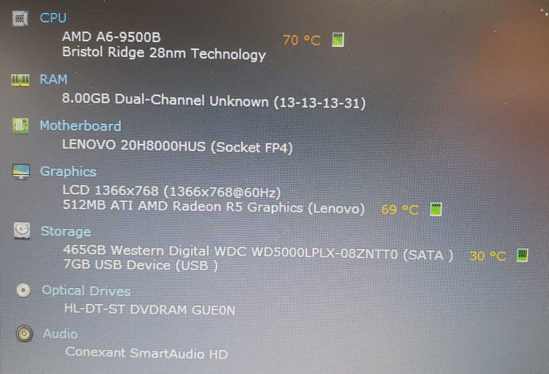 Lenovo ThinkPad A6-9500B @ 1.98 GHz 8GB Ram 500GB HDD (