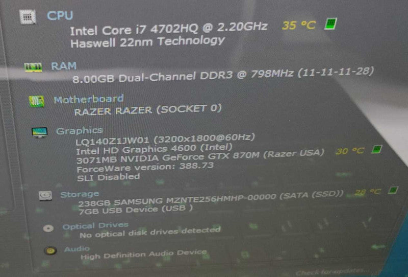 Razer RZ09 Core i7-4702HQ @2.2 GHz 8GB Ram 250GB SSD GTX 870M 3GB *AS IS* (