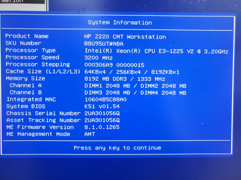 HP Z220, Xeon E3-1225 V2 3.2GHz 8GB DDR3 No HDD No GPU |