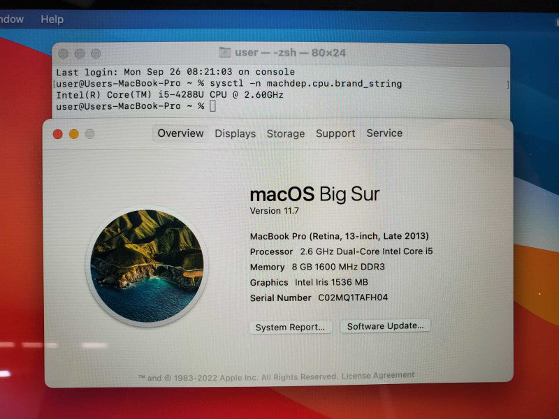 Macbook Pro 2013 Core i5-4288U @ 2.6 GHz 8GB Ram 250GB SSD (