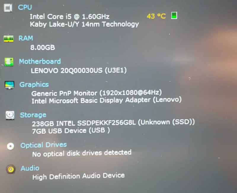 Lenovo ThinkPad X390 Core i5-8265U @ 1.6 GHz 8GB Ram 250GB SSD (