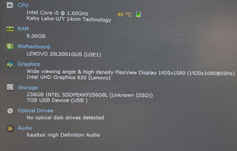 Lenovo ThinkPad T480 Core i5-8250U @ 1.6 GHz 8GB DDR4 250GB SSD (
