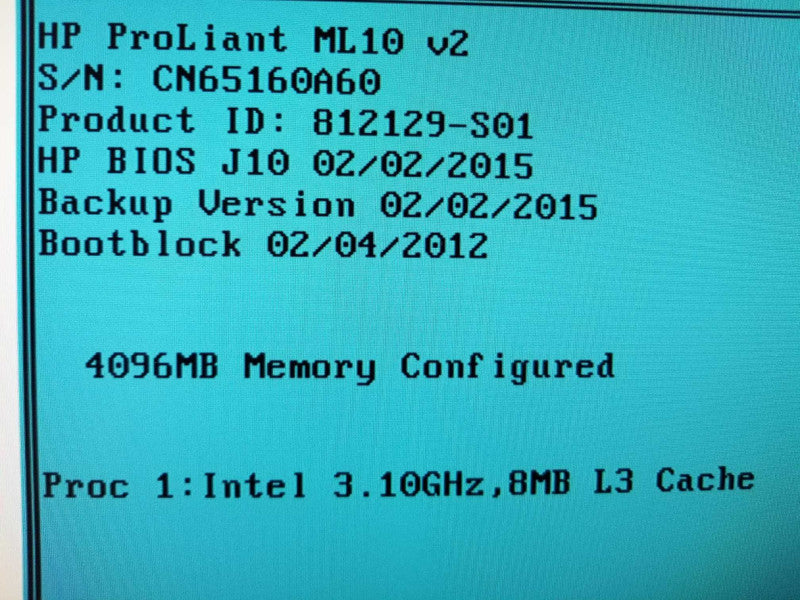 HP ProLiant ML10 V2, E3-1220v3 3.1GHz QC/4GB, B120i Raid, NO HDDs. ~
