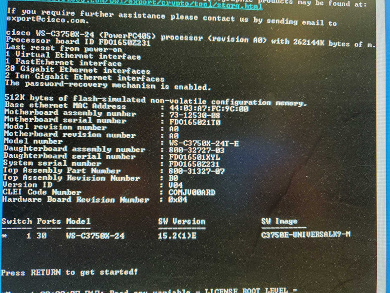 CISCO WS-C3750X-24T-E 24-PORT GIGABIT ETHERNET SWITCH _ Factory reset )