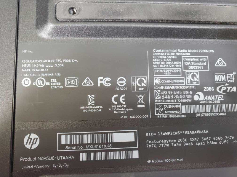 HP ProDesk 400 G2 MINI, Core i5-6500T 2.5GHz/4GB RAM, No HDD/SSD, No AC, QTY ~