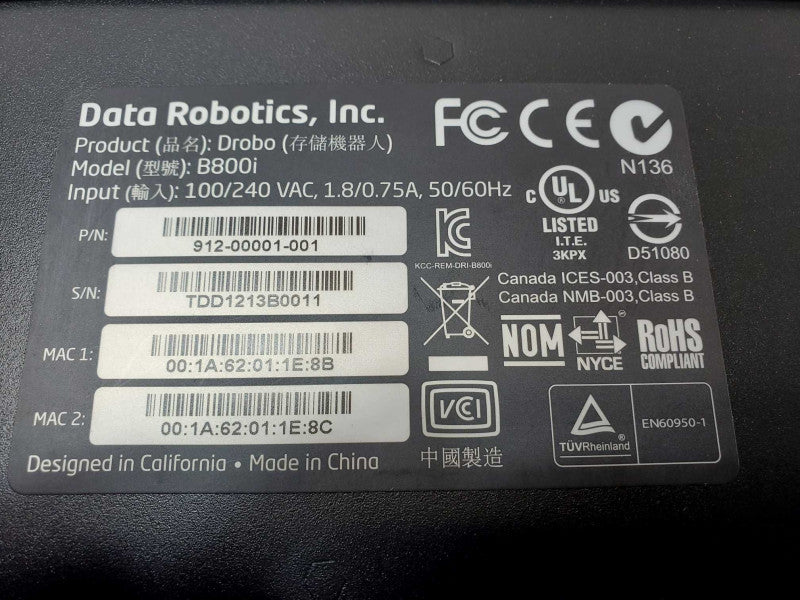 Data Robotics Drobo B800i 8-bay Storage with 5x 1TB HDDs, Factory Reset _