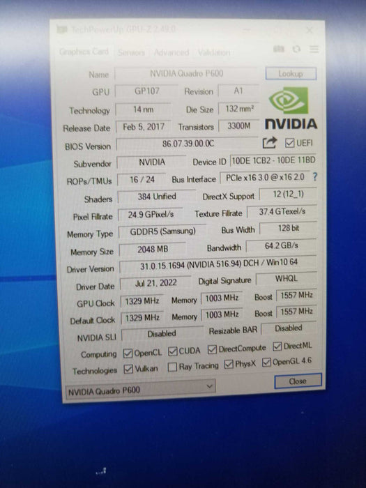 Dell Nvidia Quadro P600 2GB Quad Mini-DisplayPort Graphics Card ~