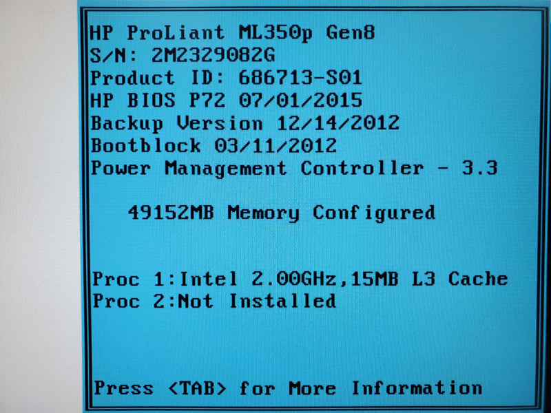 HP ProLiant ML350p Gen 8, E5-2620 2.0GHz 48GB DDR3 P420i RAID Ctrl No HDD |