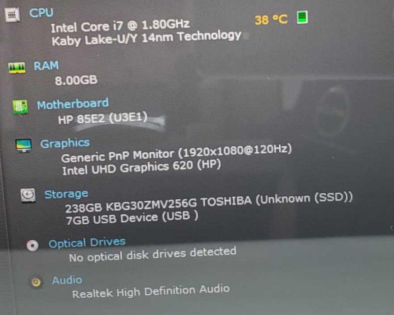 HP Envy Core i7-8565U @ 1.8 GHz 8GB DDR4 250GB SSD (