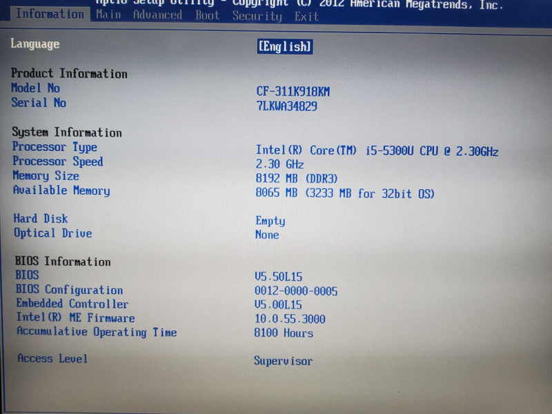 Panasonic Toughbook CF-31 i5-5300u 2.3GHz 8GB DDR3 No HDD No Caddy |