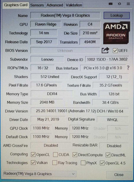 Lenovo V330-14ARR Ryzen 5 2500U @ 2.0 GHz 6GB DDR4 500GB SSD Radeon Vega 8 2GB DDR4 (