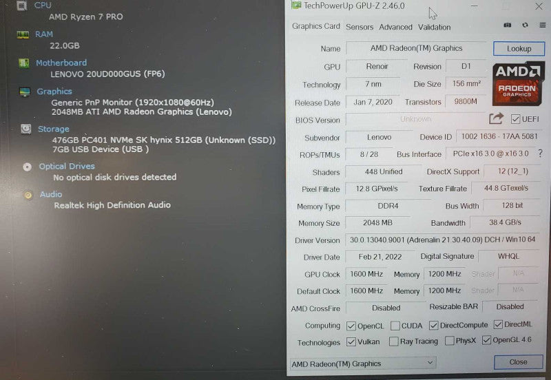 Lenovo ThinkPad T14 Ryzen 7 4750U 22GB DDR4 500GB SSD ATI Radeon 2GB (