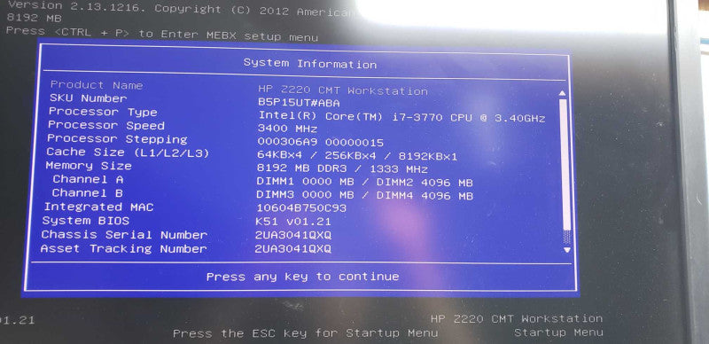 HP Z220 workstation i7-3770 @ 3.40ghz / 8gb ram / See notes #
