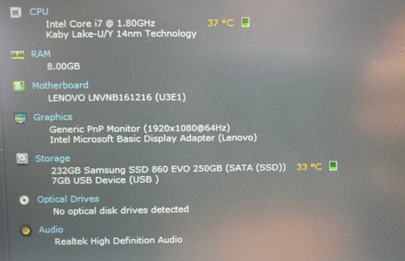 Lenovo IdeaPad 330S Core i7-8550U @ 1.8 GHz 8GB DDR4 250GB SSD (