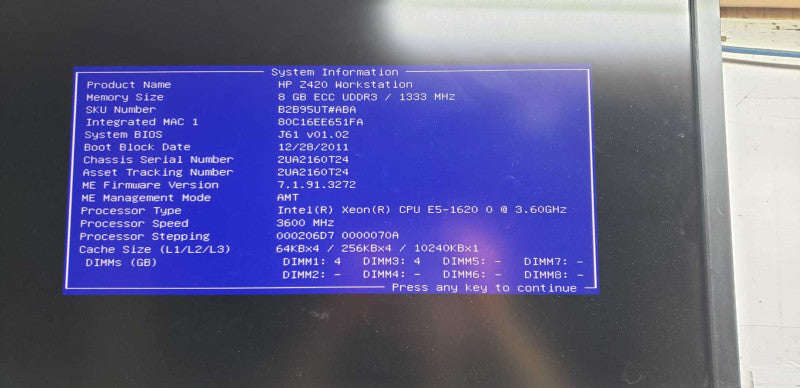 Z40 workstation Xeon E5-1620 @ 3.60ghz / 8gb ram / quadro 600 GPU #