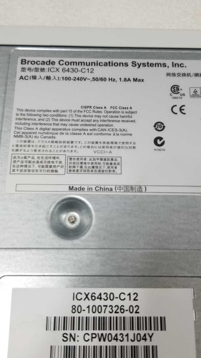 Brocade ICX6430-C12 Compact Fanless Gigabit Switch w/4 POE+ Ports ~