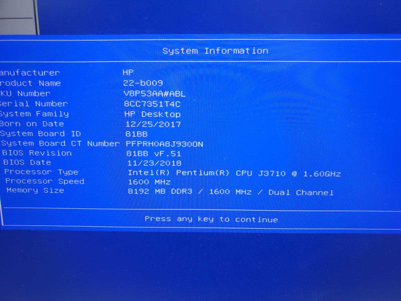 HP 22-b009 All-in-One 22\\", Pentium J3710 1.6GHz 8GB DDR3 1TB HDD (Wiped) |