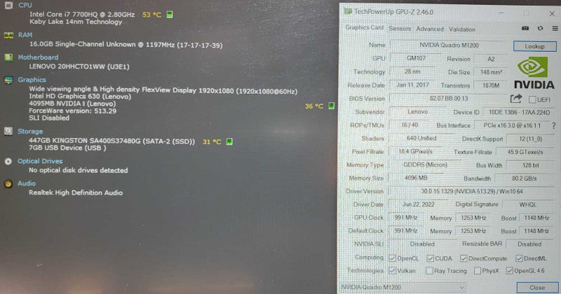 Lenovo P51 Core i7-7700HQ @ 2.8 GHz 16GB DDR4 500GB SSD Quadro M1200 4GB (