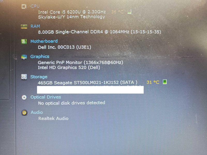 Dell Latitude 5580, Core I5-6200U 2.3GHz, 8GB DDR4, 500GB HDD w/ Power adapter _