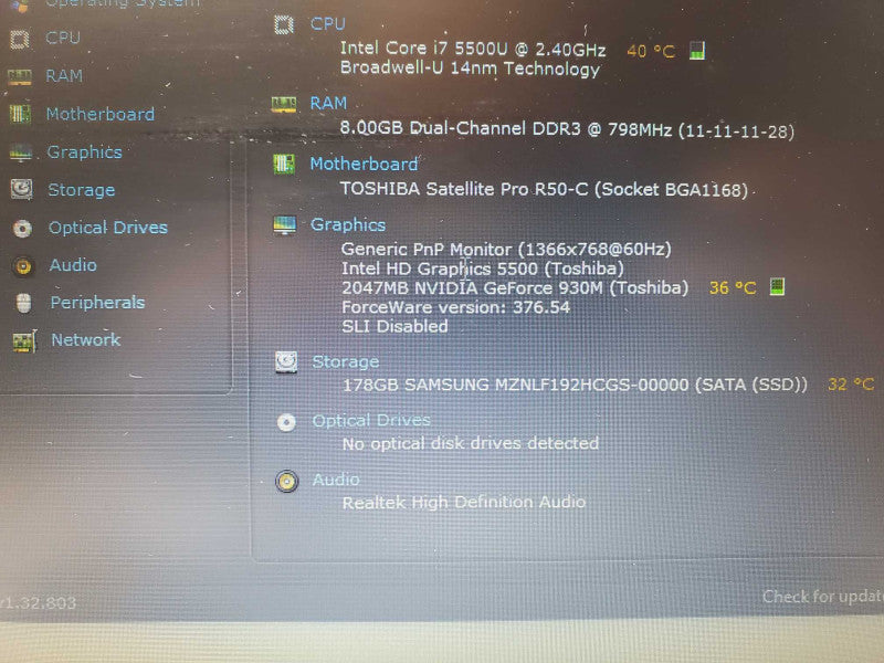 Toshiba Satellite Pro R50-C, I7-5500U 2.4GHz, 8GB RAM, 180GB SSD, GeForce 930M _