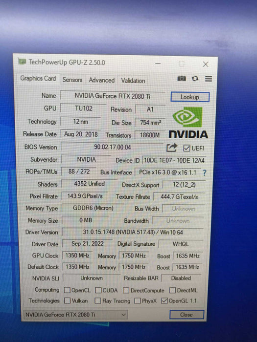 Nvidia Geforce RTX 2080Ti No Memory For PARTS [