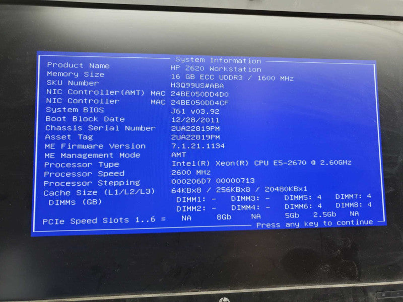 HP Z620 Workstation Xeon E5-2670 @ 2.6GHz 16G DDR3 6TB HDD 2008-IR No GPU )