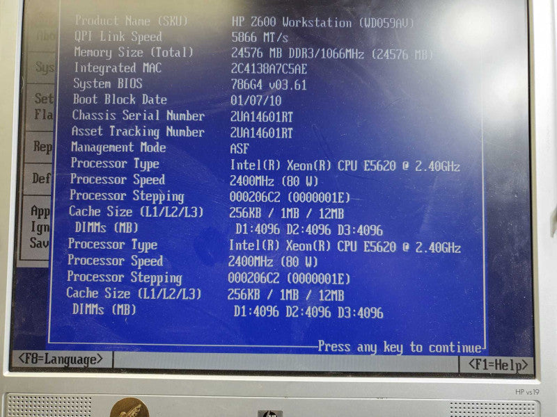 HP Z600 Workstation Xeon E5620 @2.40GHz 24GB DDR3 No GPU No HDD )